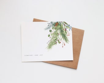 Tarjetas de acuarela de Navidad - Tarjetas navideñas ilustradas - Regalo navideño - Tarjeta en blanco - Feliz Navidad - Invierno floral verde - Alegría cómoda