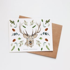 Christmas Watercolor Cards Illustrated Holiday Holiday Gift Card Blank Merry Christmas Deer Wildlife Greenery Floral Winter Antler image 1