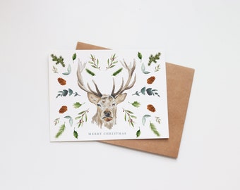 Christmas Watercolor Cards - Illustrated Holiday - Holiday Gift - Card Blank - Merry Christmas - Deer Wildlife Greenery Floral Winter Antler