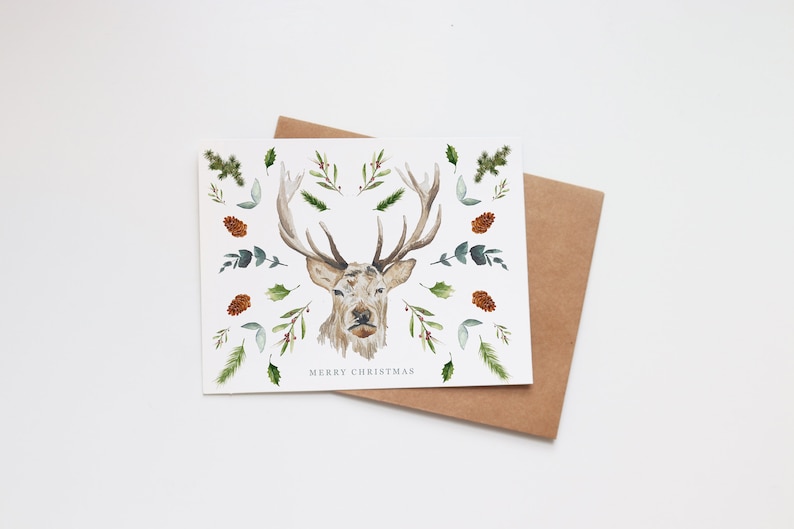 Christmas Watercolor Cards Illustrated Holiday Holiday Gift Card Blank Merry Christmas Deer Wildlife Greenery Floral Winter Antler image 1