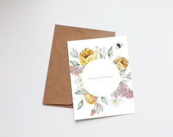 Birthday Card Watercolor | Handmade Greeting Card | Mom Sister Daughter Friend Wife Birthday | Floral Garden Bee Flowers Minimalist