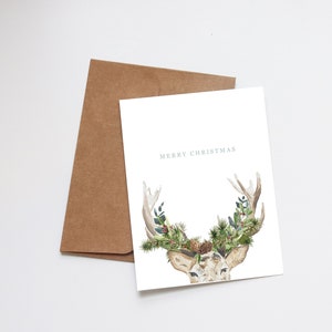Tarjetas navideñas en acuarela - Tarjetas festivas ilustradas - Regalos navideños - Tarjetas en blanco - Feliz Navidad - Ciervos - Vegetación Floral Invierno
