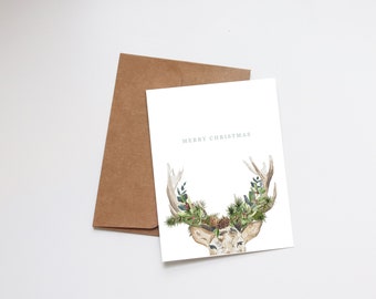 Christmas Watercolor Cards - Illustrated Holiday Cards - Holiday Gift - Card Blank - Merry Christmas - Deer - Greenery Floral Winter