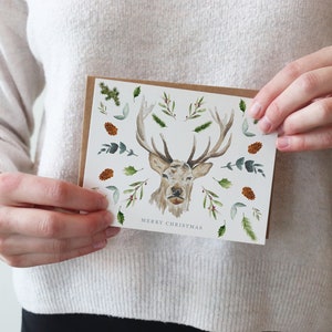 Christmas Watercolor Cards Illustrated Holiday Holiday Gift Card Blank Merry Christmas Deer Wildlife Greenery Floral Winter Antler image 5