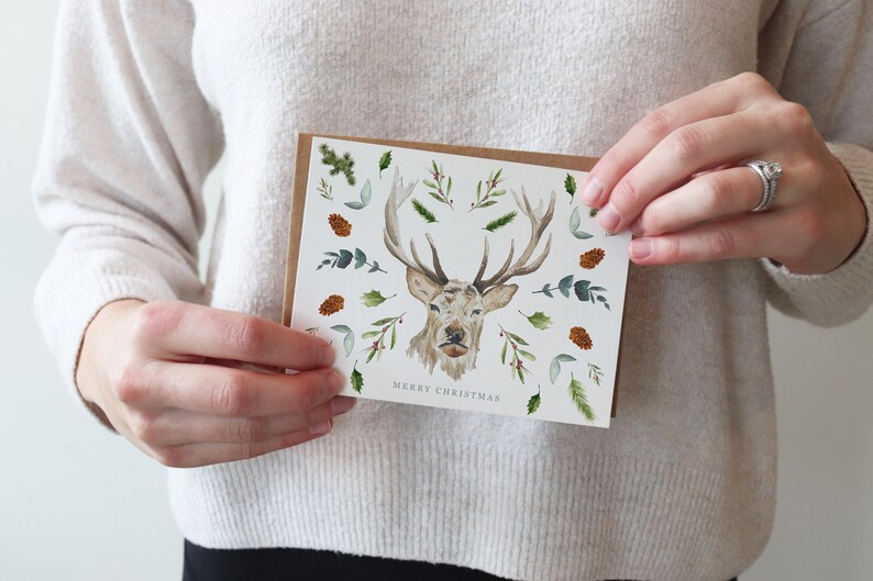 Christmas Watercolor Cards Illustrated Holiday Holiday Gift Card Blank Merry Christmas Deer Wildlife Greenery Floral Winter Antler image 5