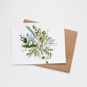 Tarjetas navideñas con acuarela - Tarjetas festivas ilustradas - Regalos navideños - Tarjetas en blanco - Feliz Navidad - Invierno con flores y vegetación - Paz y alegría
