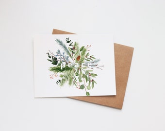 Christmas Watercolor Cards - Illustrated Holiday Cards - Holiday Gift - Card Blank - Merry Christmas - Greenery Floral Winter - Peace Joy