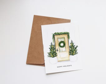 Aquarelles de Noël - Cartes de vœux illustrées - Cadeau de Noël - Carte vierge - Joyeux Noël - Verdure Floral hiver Porte d'entrée
