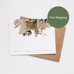 Carte de voeux vierge minimaliste pour bébé | Nouveau bébé | Carte de correspondance bienvenue pour bébé | Fleurs séchées pour bébé aquarelle fille garçon | Sexe attendu de la carte
