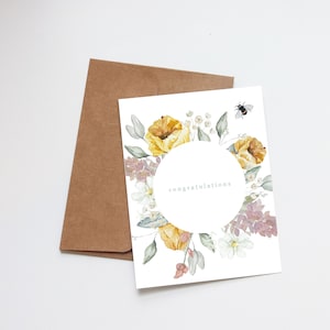 Carte de voeux de félicitations | carte florale aquarelle | Cartes de fiançailles de bébé diplômé pour l'obtention du diplôme de mariage | Fleurs d'abeille de jardin