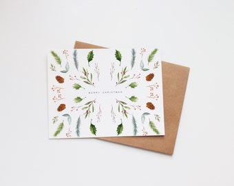 Tarjetas de acuarela de Navidad - Tarjetas navideñas ilustradas - Regalo navideño - Tarjeta en blanco - Feliz Navidad - Invierno floral verde