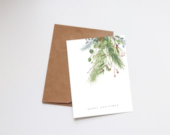 Christmas Watercolor Cards - Illustrated Holiday Cards  - Holiday Gift - Card Blank - Merry Christmas - Greenery Floral Winter