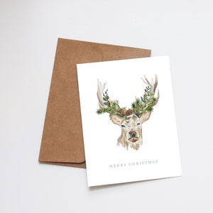 Christmas Watercolor Cards Illustrated Holiday Cards Holiday Gift Card Blank Merry Christmas Deer Wildlife Greenery Floral Winter image 1