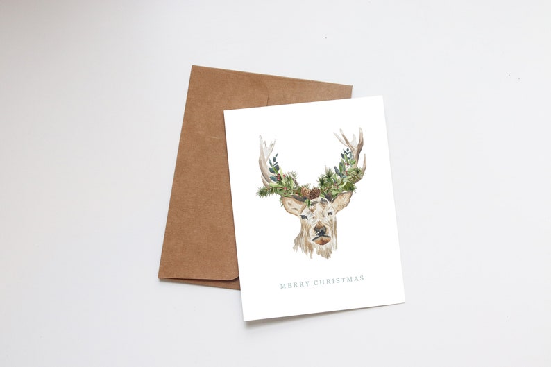 Christmas Watercolor Cards Illustrated Holiday Cards Holiday Gift Card Blank Merry Christmas Deer Wildlife Greenery Floral Winter image 1