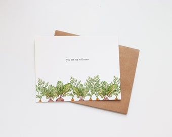 Romantic Vegetable Gardening Love Greeting Card | You Are My Soil Mate | Funny Pun Joke Note Card Watercolour | Handmade