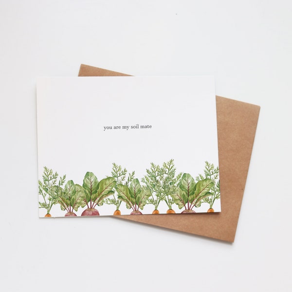 Romantic Vegetable Gardening Love Greeting Card | You Are My Soil Mate | Funny Pun Joke Note Card Watercolour | Handmade