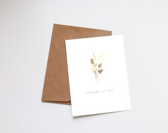 Je pense à vous carte de voeux aquarelle | Note vierge minimaliste | Fleurs séchées bohèmes vintage | Aquarelle peinte à la main | Merci