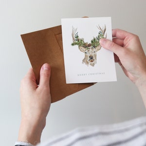 Christmas Watercolor Cards Illustrated Holiday Cards Holiday Gift Card Blank Merry Christmas Deer Wildlife Greenery Floral Winter image 3