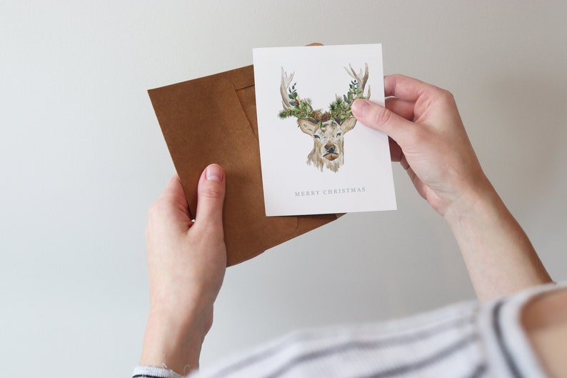 Christmas Watercolor Cards Illustrated Holiday Cards Holiday Gift Card Blank Merry Christmas Deer Wildlife Greenery Floral Winter image 3