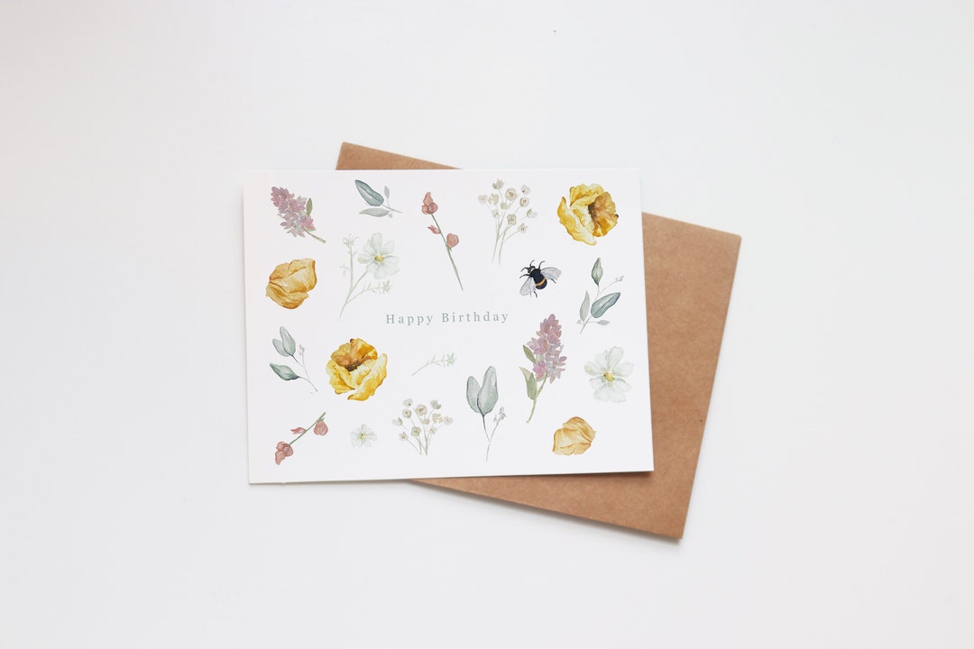 Watercolor Floral Birthday Card: Handmade Garden Bee Design - Etsy