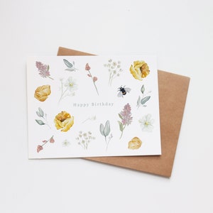 Aquarelle de carte d'anniversaire | Carte de voeux faite main | Anniversaire maman soeur fille amie femme | Floral Garden Bee Flowers Minimalist