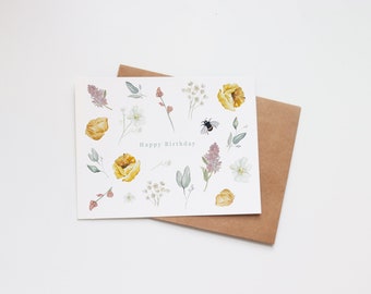 Birthday Card Watercolor | Handmade Greeting Card | Mom Sister Daughter Friend Wife Birthday | Floral Garden Bee Flowers Minimalist