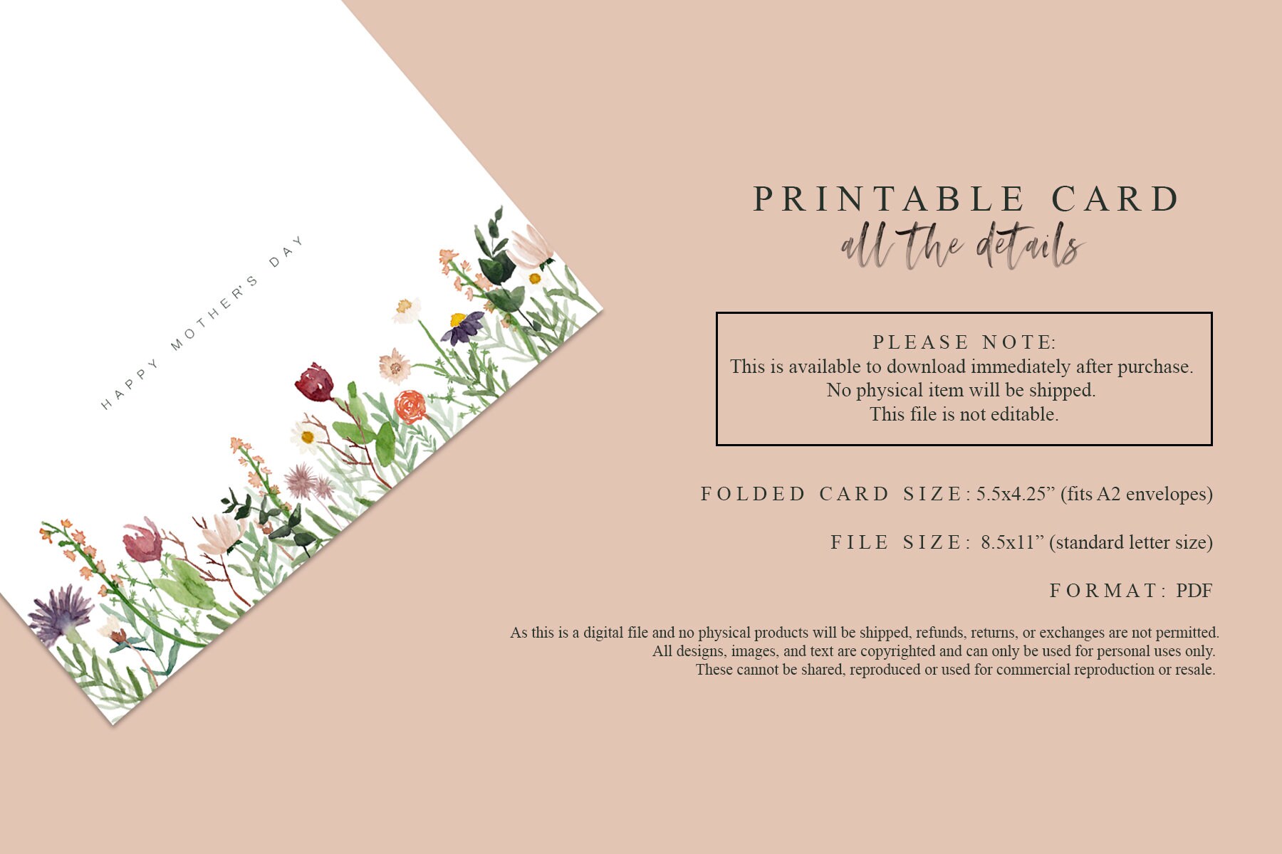 Printable Mother's Day Card Floral Cards Hand Painted Watercolor Mom ...