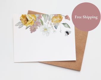 Tarjeta de felicitación floral en blanco / Tarjetas de notas en blanco con acuarela / Flores, jardín y abejas / Para cualquier ocasión