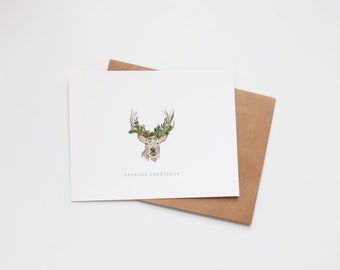 Christmas Watercolor Cards - Illustrated Holiday Cards - Holiday Gift - Card Blank - Merry Christmas - Deer Wildlife Greenery Floral Winter