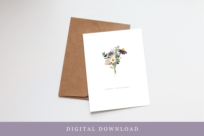 Wildflower Bouquet Printable Birthday Card Instant Download image 1