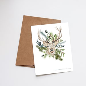 Tarjetas navideñas en acuarela - Tarjeta festiva ilustrada - Regalo navideño - Tarjeta en blanco - Saludos de temporada - Ciervos, vida salvaje, vegetación, flores, invierno