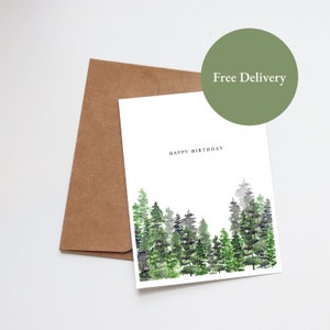 Aquarelle de carte d'anniversaire | Carte de voeux faite main | Mari papa frère fils petit ami ami anniversaire | Arbres Forêt Montagnes