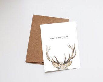 Birthday Card Watercolor | Handmade Greeting Card | Dad Brother Grandpa Husband Boyfriend Son Birthday | Deer Hunting Outdoors Antlers Buck