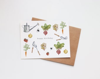 Geburtstagskarte Aquarell | Handgemachte Grußkarte | Mutter, Schwester, Tochter, Freundin, Frau, Geburtstag | Garten Gemüsegarten minimalistisch