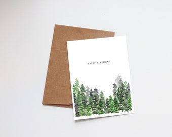 Birthday Card Watercolor | Handmade Greeting Card | Husband Dad Brother Son Boyfriend Friend Birthday | Forest Mountains Trees