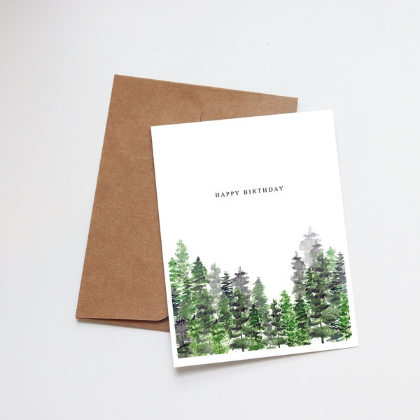 Birthday Card Watercolor | Handmade Greeting Card | Husband Dad Brother Son Boyfriend Friend Birthday | Forest Mountains Trees
