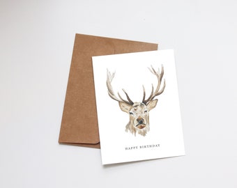 Birthday Card Watercolor | Handmade Greeting Card | Dad Brother Grandpa Husband Boyfriend Son Birthday | Deer Hunting Outdoors Antlers Buck