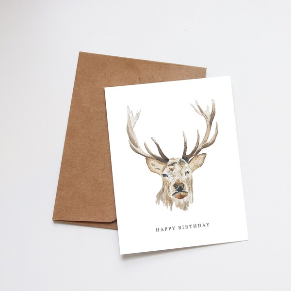 Birthday Card Watercolor | Handmade Greeting Card | Dad Brother Grandpa Husband Boyfriend Son Birthday | Deer Hunting Outdoors Antlers Buck