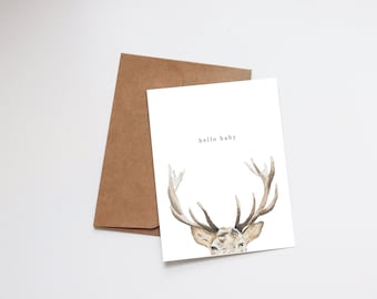 Baby Minimalist Blank Greeting Card | New Baby | Welcome Baby Note Card | Watercolor Baby Boy | Baby Girl | Deer Wild Adventure