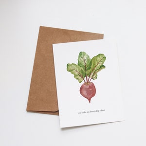 Romantische Gemüse Garten Liebe Grußkarte | Du lässt mein Herz eine Rübe überspringen | Lustig Wortspiel Witz Notiz Karte Aquarell | Handgefertigt