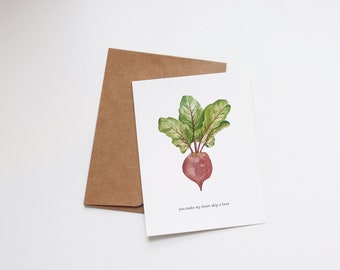 Romantic Vegetable Gardening Love Greeting Card | You Make My Heart Skip A Beet | Funny Pun Joke Note Card Watercolour | Handmade