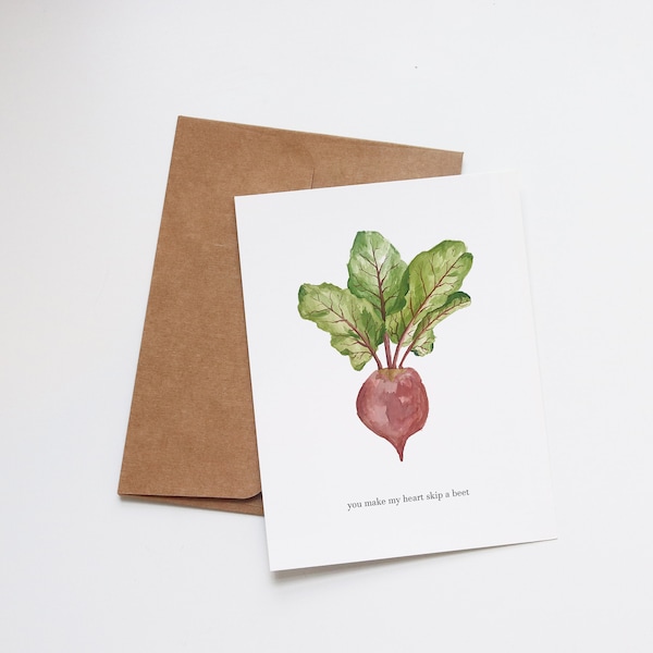 Romantic Vegetable Gardening Love Greeting Card | You Make My Heart Skip A Beet | Funny Pun Joke Note Card Watercolour | Handmade