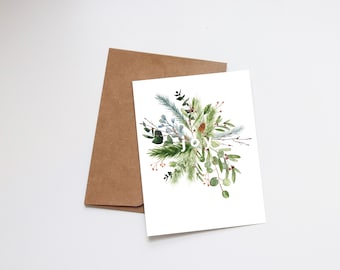 Christmas Watercolor Cards - Illustrated Holiday Cards - Holiday Gift - Card Blank - Merry Christmas - Greenery Floral Winter - Peace Joy