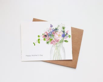 Cartão de Dia das Mães com Flores Silvestres em Aquarela | Mensagem Floral Pintada à Mão