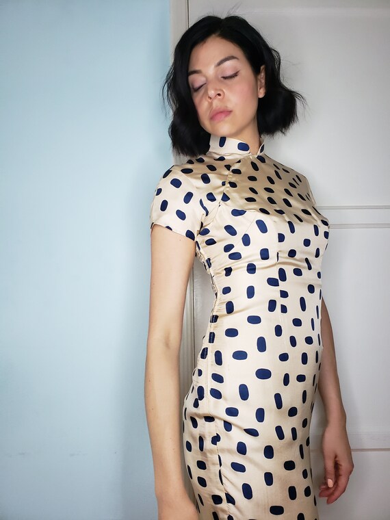 1940s Silk Creme/Navy Polka Dot Cheongsam Dress