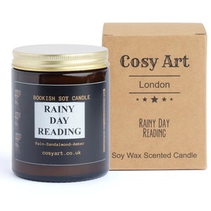 Bookish Candles | Sandalwood + Rain + Amber | Cosy Art Candle  | Soy Wax Scented Candle |Gifts | 180ml Amber Jar |40H Burning