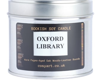 Bookish Candles |  | Oak Wood + Tobacco + Dark Plum | Cosy Art Candle | 250ml | Gift For Men And Women | Oxford Library In Tin