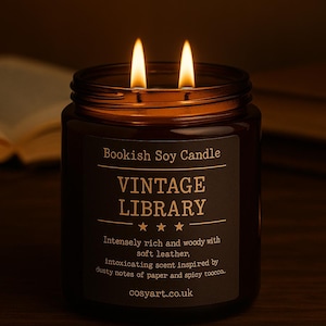 Vela de soja perfumada de biblioteca vintage - Cuero, papel y tabaco / 200 ml / Regalo para amantes de los libros / Hecha a mano en Londres 500 ml Amber Jar