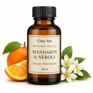 May include: A 100 ml amber glass bottle of Cosy Art diffuser refill with a black cap. The label reads Mandarin & Neroli, Natural - Plant-Based. A whole orange with a green leaf and a slice of orange sit to the left, with white neroli flowers to the right.