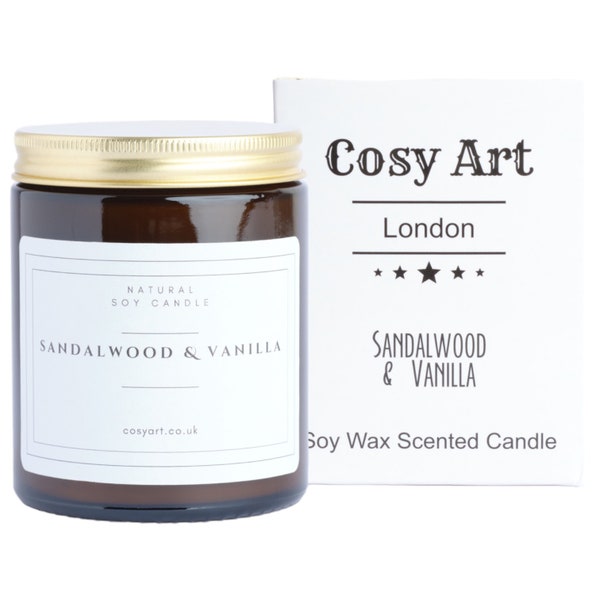 Sandalwood + Vanilla Candle | Soy Wax Scented Candle | 180ml | Burning Time 40h | by Cosy Art Candles |